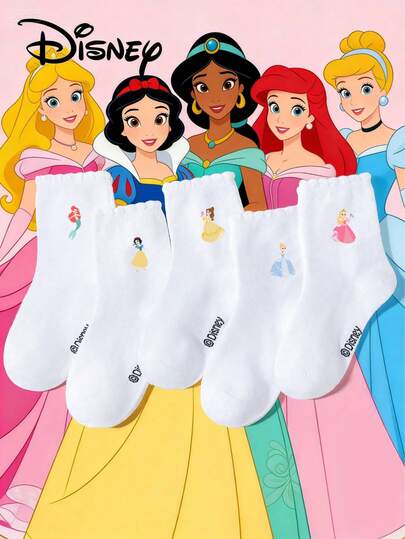 Disney 5/1 زوج جوارب بيضاء مزينة بنقشات الأميرة الكرتونية الجميلة للبنات/الأطفال، جوارب رياضية قابلة للتنفس، جوارب كاجوال ناعمة للكاحل، مناسبة للفصل الدراسي، بداية العام الدراسي الجديد، الطلاب، الاستخدام المنزلي، حفلات عيد الميلاد، الربيع/الصيف