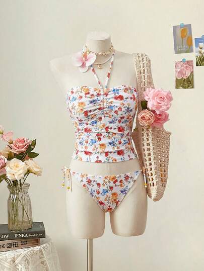 SHEIN MOD بدلة سباحة نسائية قطعتين بتصميم أزهار صغيرة على الرقبة، تصميم أنيق، ملابس سباحة جميلة، كاجوال ومحتشمة، مناسبة للشاطئ والسباحة والعطلات الصيفية