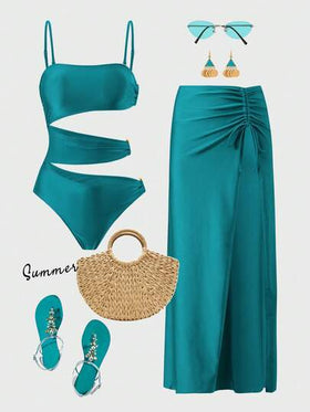 Swim Oasis مجموعة من قطعتين للنساء، بدلة سباحة قطعة واحدة ذات لون أحادي أنيق مع تزيين معدني مفرغ من الجانب، وفستان شاطئ ماكسي مع رباط للشد