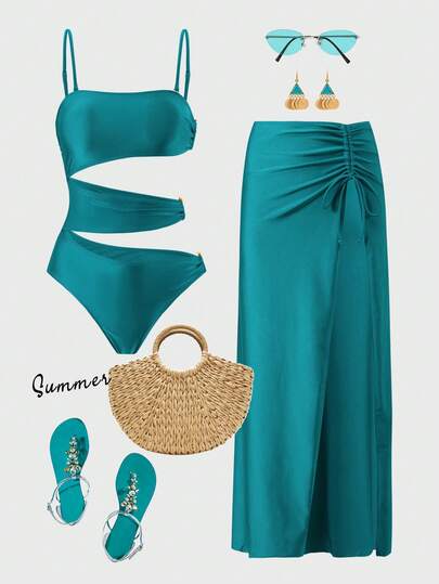 Swim Oasis مجموعة من قطعتين للنساء، بدلة سباحة قطعة واحدة ذات لون أحادي أنيق مع تزيين معدني مفرغ من الجانب، وفستان شاطئ ماكسي مع رباط للشد