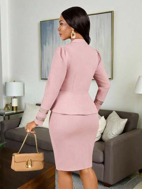 SHEIN Lady مجموعة ملابس علوية وتنورة نسائية ذات أكمام طويلة وتصميم بسيط للأعمال، ملابس خريف وشتاء للنساء، قطعتان