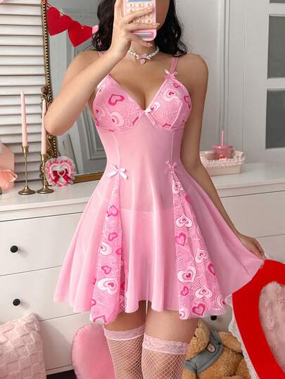PetitDoll مجموعة من قطعتين لعيد الحب، قميص نوم نسائي قصير مزين بالفيونكة والدانتيل والرقعة، إغراء