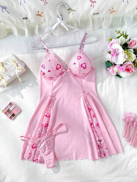 PetitDoll مجموعة من قطعتين لعيد الحب، قميص نوم نسائي قصير مزين بالفيونكة والدانتيل والرقعة، إغراء