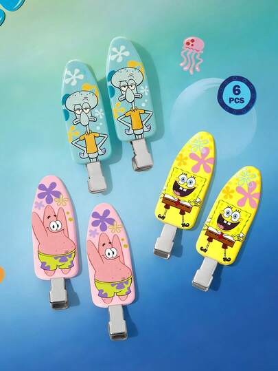 SpongeBob SquarePants | SHEIN 6 قطع مشابك شعر بتصميم شخصيات كرتونية وأحرف، لا تترك علامات على الشعر، مناسبة للغسيل والمكياج والعناية بالبشرة والاستخدام اليومي، هدايا، باتريك وسكويدوارد، أصفر وزهري وأزرق