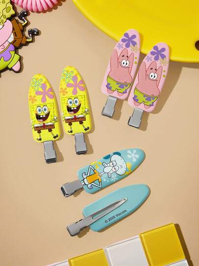 SpongeBob SquarePants | SHEIN 6 قطع مشابك شعر بتصميم شخصيات كرتونية وأحرف، لا تترك علامات على الشعر، مناسبة للغسيل والمكياج والعناية بالبشرة والاستخدام اليومي، هدايا، باتريك وسكويدوارد، أصفر وزهري وأزرق