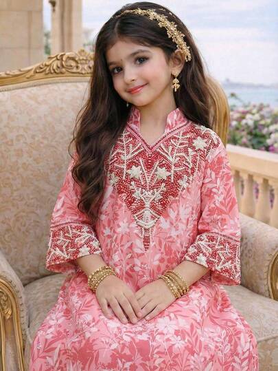 SHEIN رداء فضفاض على شكل حرف A مع أكمام 3/4 وذيل مشقوق، أزرق وأخضر