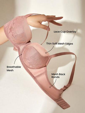 LUVLETTE حمالة صدر من الدانتيل البني الشفاف مع دعم وتنعيم خفيف للصدر وتأثير رفع