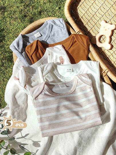 Vintaside Kids بدلة داخلية قصيرة الأكمام للأطفال الرضع الصبيان، بتصميم طوق مغلف، بألوان أبيض ورمادي وبني وخطوط، وطبعات الدب الكرتونية، خمس قطع
