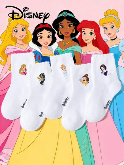 Disney 5/1 زوج جوارب بيضاء مزينة بنقوش الأميرة الكرتونية الجميلة للبنات/الأطفال، جوارب رياضية قابلة للتنفس، جوارب كاجوال ناعمة للكاحل، مناسبة للفصل الدراسي، بداية العام الدراسي الجديد، الطلاب، الأوقات الحرة، حفلات عيد الميلاد، الربيع/الصيف