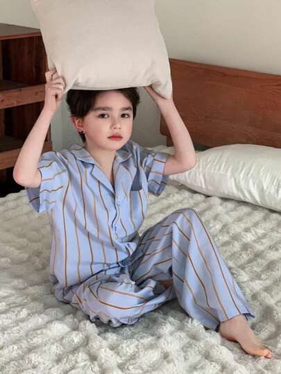 Dazy Kids بيجامة مكونة من ملابس علوية ذات أكمام قصيرة مخططة وبنطلون طويل للأولاد المراهقين