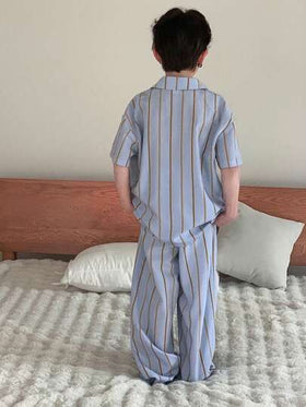 Dazy Kids بيجامة مكونة من ملابس علوية ذات أكمام قصيرة مخططة وبنطلون طويل للأولاد المراهقين