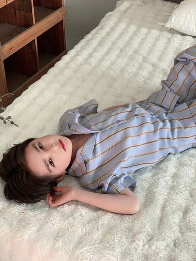 Dazy Kids بيجامة مكونة من ملابس علوية ذات أكمام قصيرة مخططة وبنطلون طويل للأولاد المراهقين