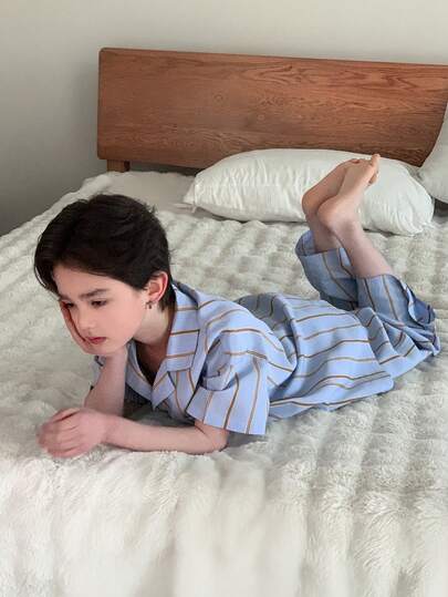 Dazy Kids بيجامة مكونة من ملابس علوية ذات أكمام قصيرة مخططة وبنطلون طويل للأولاد المراهقين