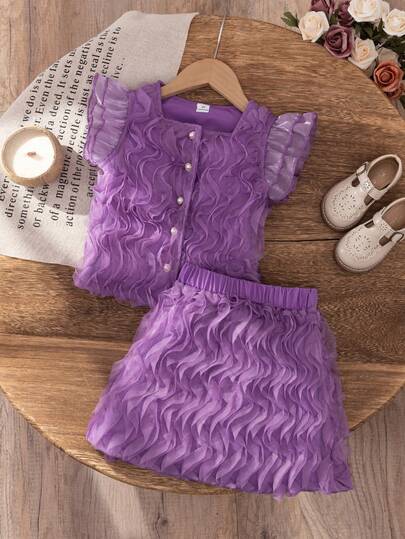 SHEIN Elladie kids مجموعة ملابس علوية فرنسية بأكمام قصيرة مزخرفة بالزهور وتنورة لفتاة صغيرة، أنيقة وحلوة، صيفية، قطعتان