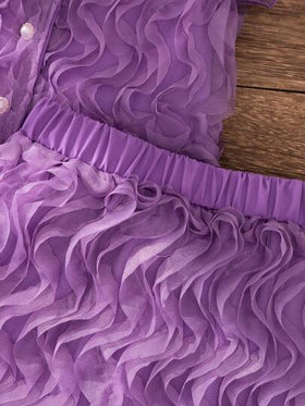 SHEIN Elladie kids مجموعة ملابس علوية فرنسية بأكمام قصيرة مزخرفة بالزهور وتنورة لفتاة صغيرة، أنيقة وحلوة، صيفية، قطعتان
