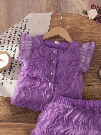 SHEIN Elladie kids مجموعة ملابس علوية فرنسية بأكمام قصيرة مزخرفة بالزهور وتنورة لفتاة صغيرة، أنيقة وحلوة، صيفية، قطعتان