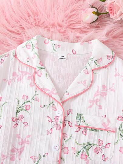 SHEIN طقم بيجامة بطبعة زهرية للفتيات/الفتاة، سترة كارديجان وبنطلون، لطيف ومريح للاستخدام اليومي، قطعتان، صيفي