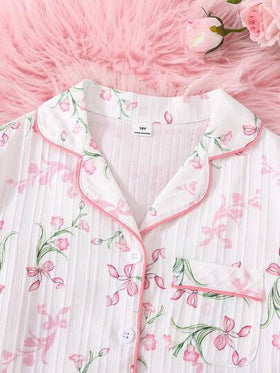 SHEIN طقم بيجامة بطبعة زهرية للفتيات/الفتاة، سترة كارديجان وبنطلون، لطيف ومريح للاستخدام اليومي، قطعتان، صيفي