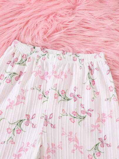 SHEIN طقم بيجامة بطبعة زهرية للفتيات/الفتاة، سترة كارديجان وبنطلون، لطيف ومريح للاستخدام اليومي، قطعتان، صيفي