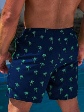 Manfinity Swimmode شورت شاطئ للرجال مطبوع بأشجار النخيل، خصر بسحاب، ملابس شاطئ للرجال