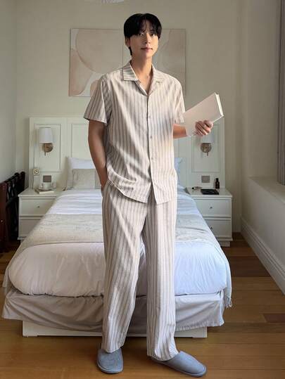 DAZY بيجامة رجالية مكونة من قميص بأكمام قصيرة وبنطلون، لون المشمش، للربيع والصيف