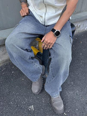 DAZY بنطلون جينز أزرق مغسول ومشوه للرجال، ربيع