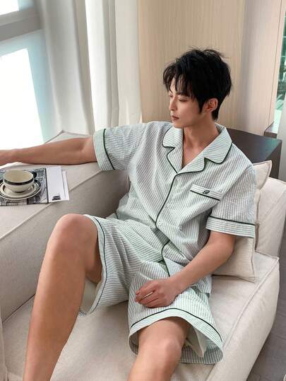 DAZY بدلة بيجامة رجالية مكونة من قميص أكمام قصيرة مخطط وشورت، صيفية