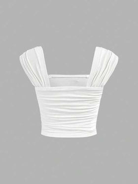 SHEIN ملابس علوية كاجوال أنيق للفتيات المراهقات بلون أحادي، رقبة طاقم، أكمام مطوية، قطع شبكي مناسب للعودة إلى المدرسة والحفلات