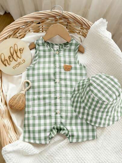 SHEIN LMoss Kids مجموعة مكونة من 2 قطعة مع قبعة للأطفال الرضع الصبيان والبنات، رومبير قصيرة بياقة طاقم بدون أكمام مخططة باللون المشمشي، وقبعة دلو متعددة الاستخدامات، مناسبة للخروج والسفر