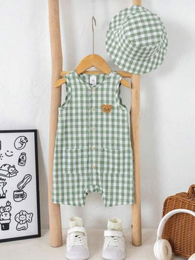 SHEIN LMoss Kids مجموعة مكونة من 2 قطعة مع قبعة للأطفال الرضع الصبيان والبنات، رومبير قصيرة بياقة طاقم بدون أكمام مخططة باللون المشمشي، وقبعة دلو متعددة الاستخدامات، مناسبة للخروج والسفر