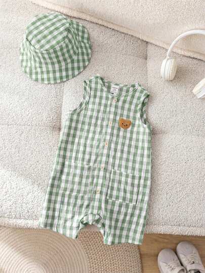 SHEIN LMoss Kids مجموعة مكونة من 2 قطعة مع قبعة للأطفال الرضع الصبيان والبنات، رومبير قصيرة بياقة طاقم بدون أكمام مخططة باللون المشمشي، وقبعة دلو متعددة الاستخدامات، مناسبة للخروج والسفر