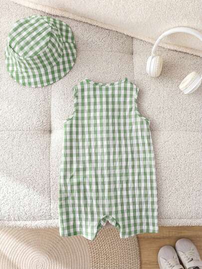 SHEIN LMoss Kids مجموعة مكونة من 2 قطعة مع قبعة للأطفال الرضع الصبيان والبنات، رومبير قصيرة بياقة طاقم بدون أكمام مخططة باللون المشمشي، وقبعة دلو متعددة الاستخدامات، مناسبة للخروج والسفر