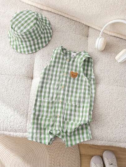 SHEIN LMoss Kids مجموعة مكونة من 2 قطعة مع قبعة للأطفال الرضع الصبيان والبنات، رومبير قصيرة بياقة طاقم بدون أكمام مخططة باللون المشمشي، وقبعة دلو متعددة الاستخدامات، مناسبة للخروج والسفر