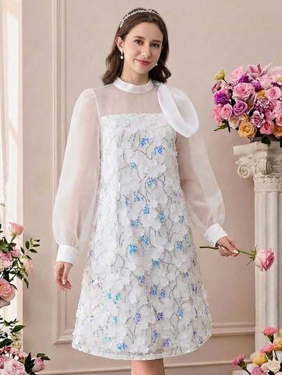 SHEIN فستان أنيق للمراهقات مزين بالترتر والتطريز الزهري مع أكمام منتفخة من الأورجانزا بتصميم A-line مع زخرفة الفيونكة