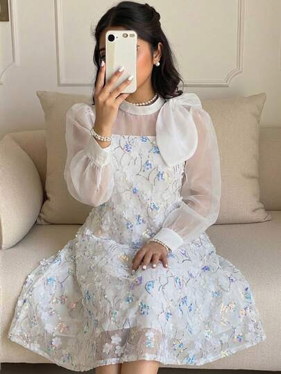 SHEIN فستان أنيق للمراهقات مزين بالترتر والتطريز الزهري مع أكمام منتفخة من الأورجانزا بتصميم A-line مع زخرفة الفيونكة