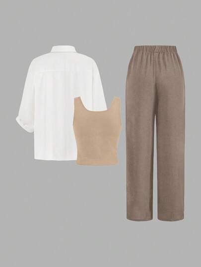 SHEIN LUNE 3 قطع بدلة حريمي إيليجانت، سترة رياضية، وبلوزة، وبنطلون ذو ساق واسعة باللون الأسود والأبيض موديل 2024، أنيقة ومخصرة للخريف