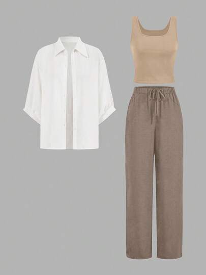 SHEIN LUNE 3 قطع بدلة حريمي إيليجانت، سترة رياضية، وبلوزة، وبنطلون ذو ساق واسعة باللون الأسود والأبيض موديل 2024، أنيقة ومخصرة للخريف