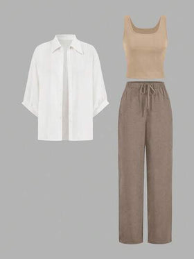 SHEIN LUNE 3 قطع بدلة حريمي إيليجانت، سترة رياضية، وبلوزة، وبنطلون ذو ساق واسعة باللون الأسود والأبيض موديل 2024، أنيقة ومخصرة للخريف