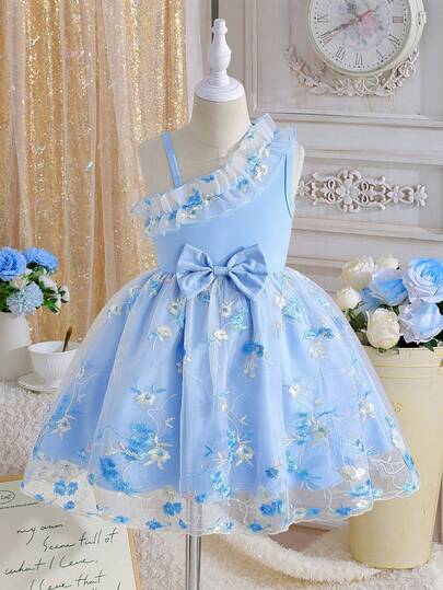 SHEIN Glamorique Kids فستان أنيق أنثوي بدون أكمام مزين بفيونكة