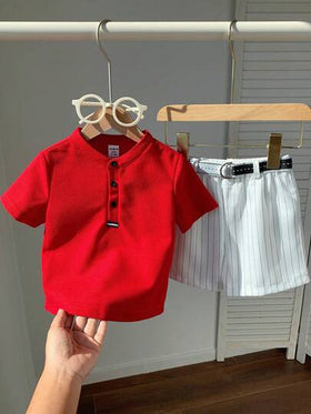 SHEIN مجموعة قميص بولو أحمر الياقة وشورت مخطط أبيض للأطفال الصيفية الكاجوال، مناسبة لحفلات عيد الميلاد والحفلات المسائية والأعراس وحفلات استقبال المواليد وعيد الميلاد الأول