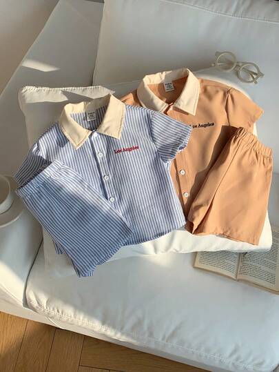 SHEIN 4 قطع/طقم ملابس صيفية/ربيعية للأطفال الصبيان، قميص كاجوال جميل مخطط ولحمة وشورت خصر مطاطي، طقم ملابس مكون من 4 قطع، ملابس أطفال صبيان للربيع/الصيف
