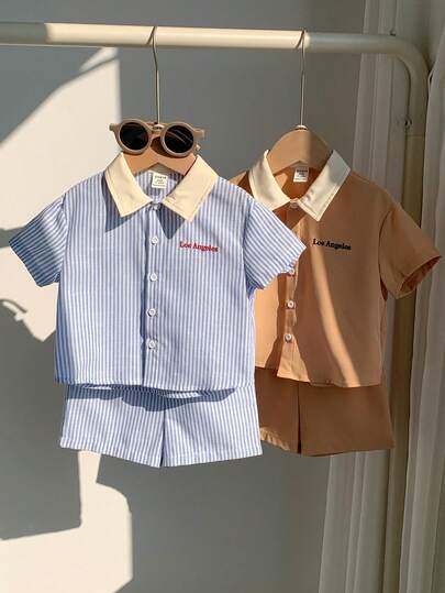 SHEIN 4 قطع/طقم ملابس صيفية/ربيعية للأطفال الصبيان، قميص كاجوال جميل مخطط ولحمة وشورت خصر مطاطي، طقم ملابس مكون من 4 قطع، ملابس أطفال صبيان للربيع/الصيف