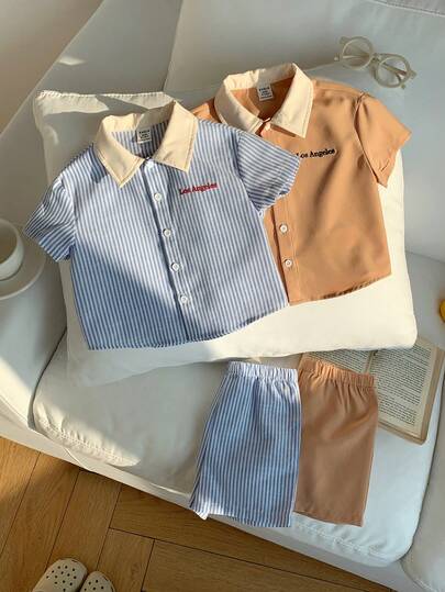 SHEIN 4 قطع/طقم ملابس صيفية/ربيعية للأطفال الصبيان، قميص كاجوال جميل مخطط ولحمة وشورت خصر مطاطي، طقم ملابس مكون من 4 قطع، ملابس أطفال صبيان للربيع/الصيف