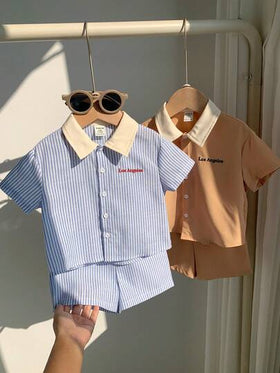 SHEIN 4 قطع/طقم ملابس صيفية/ربيعية للأطفال الصبيان، قميص كاجوال جميل مخطط ولحمة وشورت خصر مطاطي، طقم ملابس مكون من 4 قطع، ملابس أطفال صبيان للربيع/الصيف