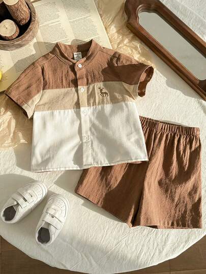 LMoss Kids طقم ملابس علوية بولو قصير الأكمام مع ألوان متباينة وياقة بولو مع شورت خصر مطاطي أزرق داكن، طراز كاجوال مناسب للخروجات والمنزل والمدرسة