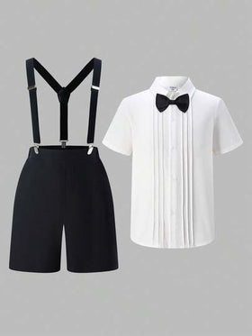 SHEIN 3 قطع طقم بدلة للفتى المراهق: قميص ذو ياقة، بنطال مع أشرطة قابلة للفصل، وربطة عنق أنيقة
