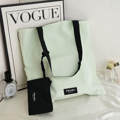 Prada حقيبة تسوق خضراء مع جيب أسود قابل للفصل، حقيبة مستحضرات التجميل، مجموعة منظم مستحضرات التجميل من القماش المطلي، حقيبة مستحضرات التجميل للسفر