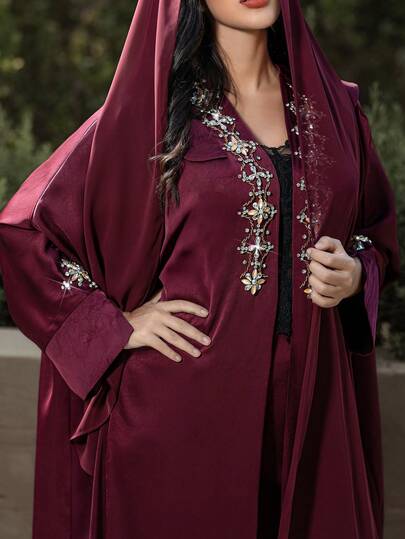 Layrah رمضان عباية فضفاضة مزينة بالراين ستان أنيقة باللون البرغندي