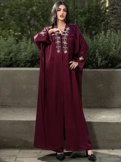 Layrah رمضان عباية فضفاضة مزينة بالراين ستان أنيقة باللون البرغندي