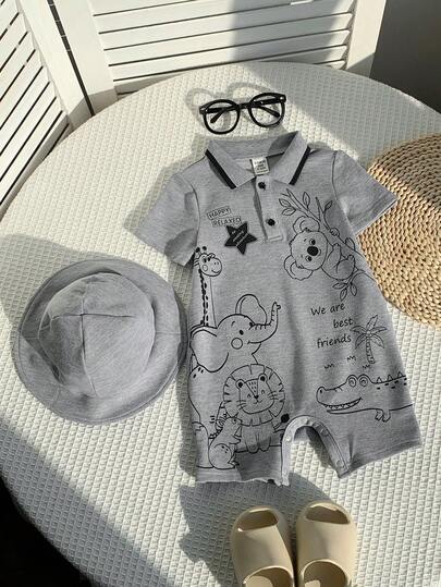 SHEIN مجموعة من قطعتين للرضع جنسين، رومبير قصيرة الأكمام مطبوعة برسومات حيوانات جميلة وقبعة شمس، ملابس أطفال للربيع والصيف
